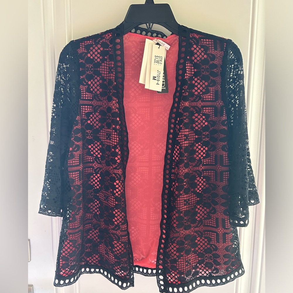 Lindi Black/Coral Lace Cardigan in Size Medium